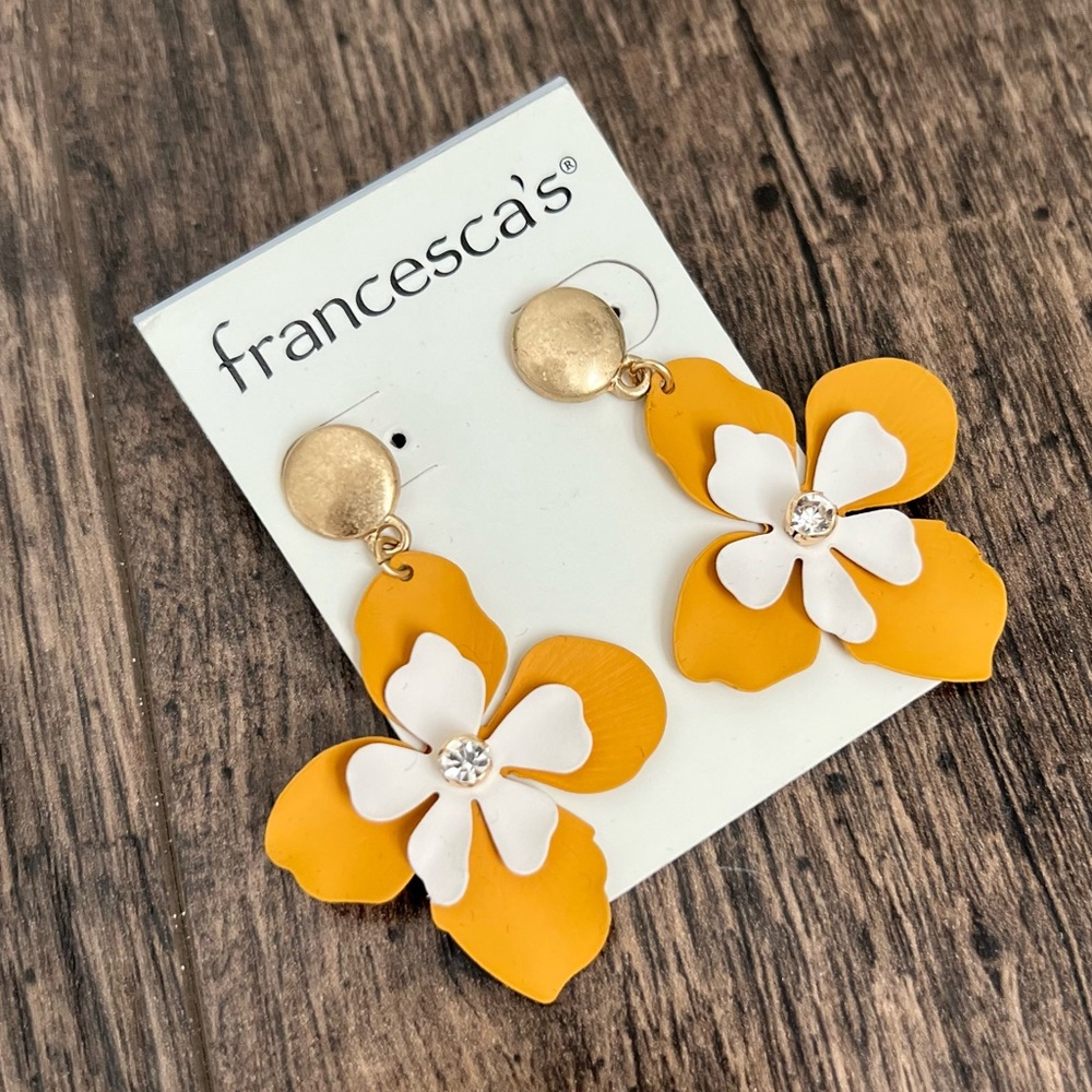 Francesca’s Boho Floral Earrings Mustard Yellow Gold Cream White Rhinestones